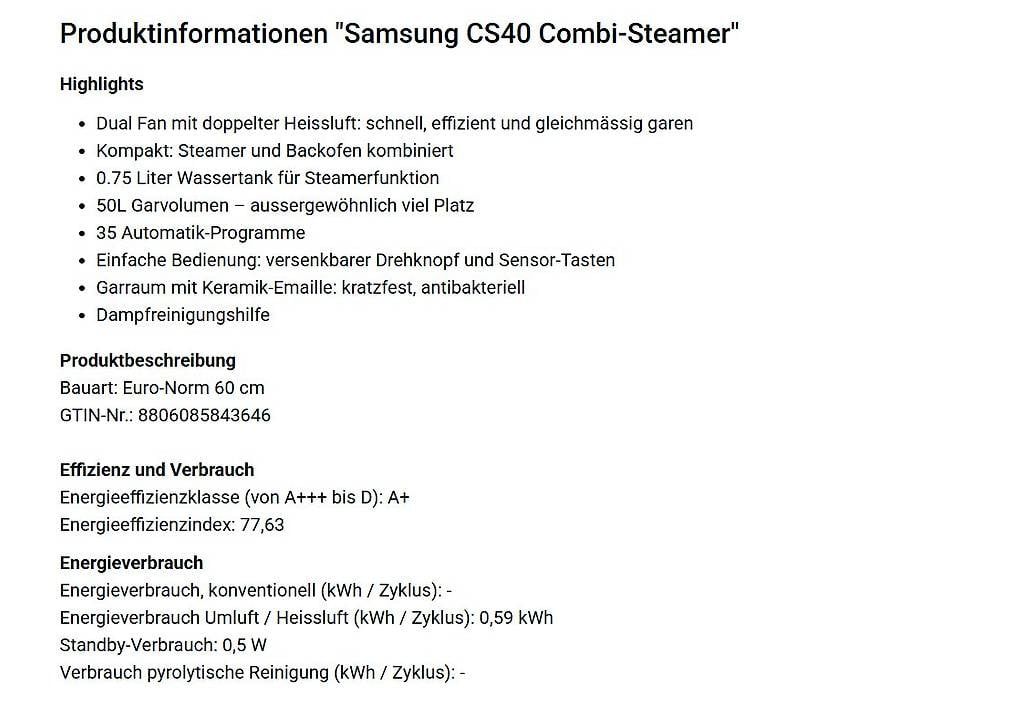 Samsung Forni: Samsung CS40 Combi-Steamer NQ50C7935ES-EF – Nuovo e nell'imballaggio originale da Berikon venduto da al7_7jyx 1