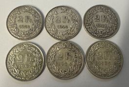 2 Fr. SILBERMÜNZEN SCHWEIZ, 6 STÜCK, Jg. 1941-44-48-63-64-65
