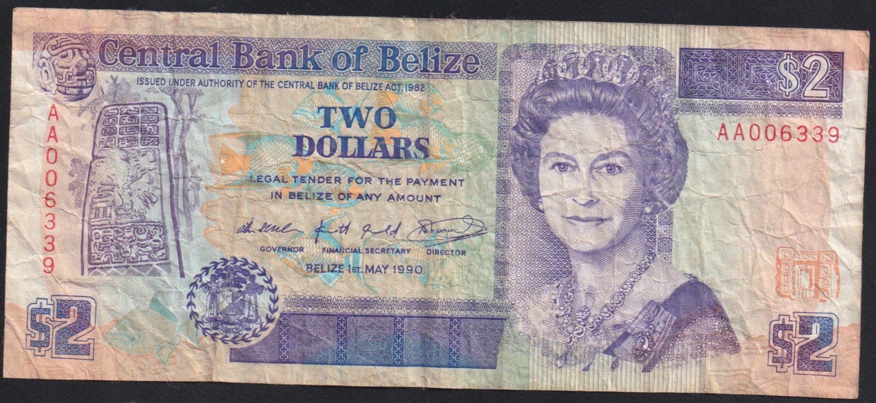 Banconote: Belize 2 Dollars 1990 – Usato da Brugg AG venduto da banknoten_muesli