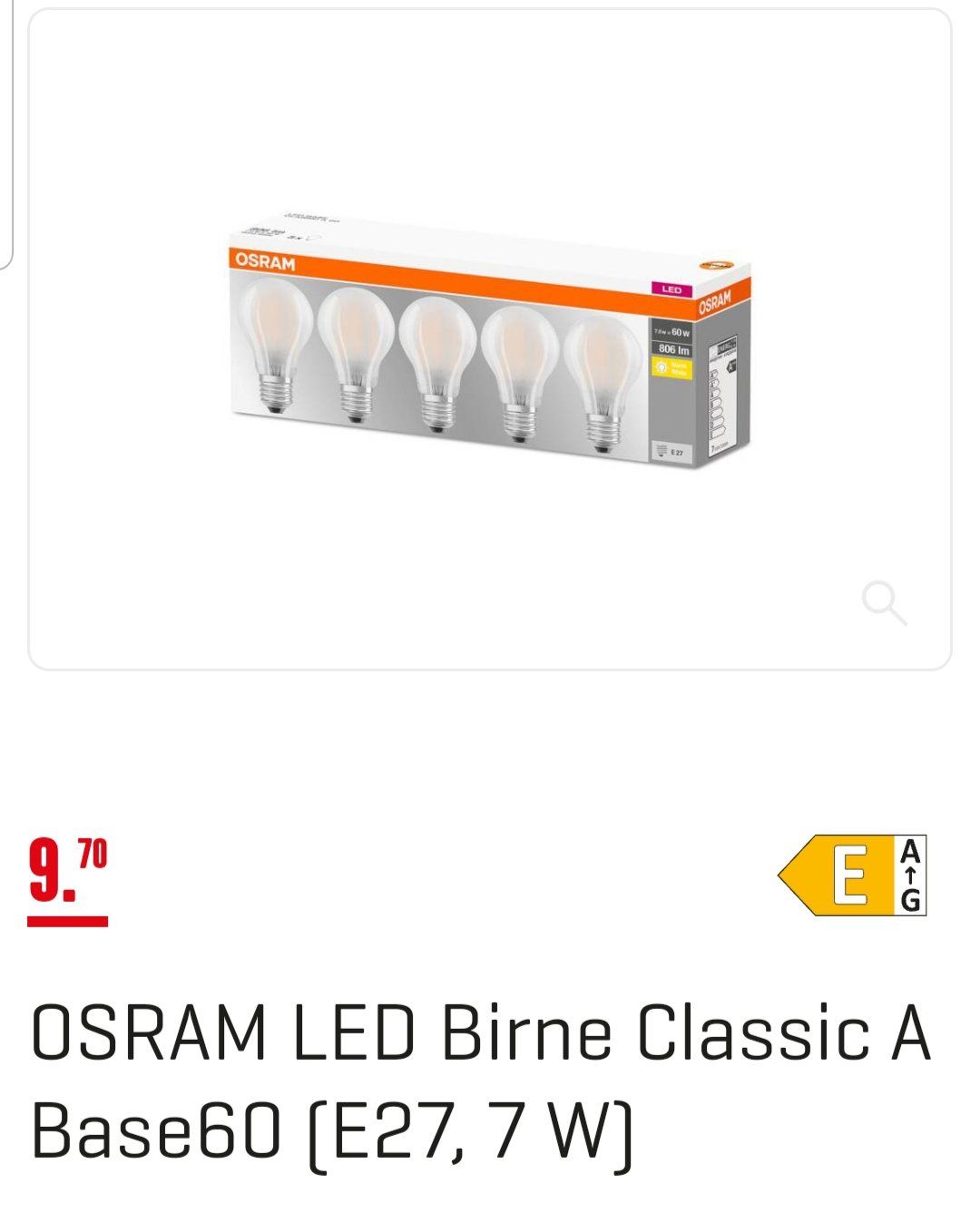 Osram Lampade: 1PKg./5Stk. Glühbirnen OSRAM LED Classic A Base 60 E27/7W+++ – Nuovo e nell'imballaggio originale da Killwangen venduto da Marc-Antonio