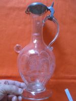 antike Karaffe, Kugelflasche, Jagdmotiv Zinndeckel