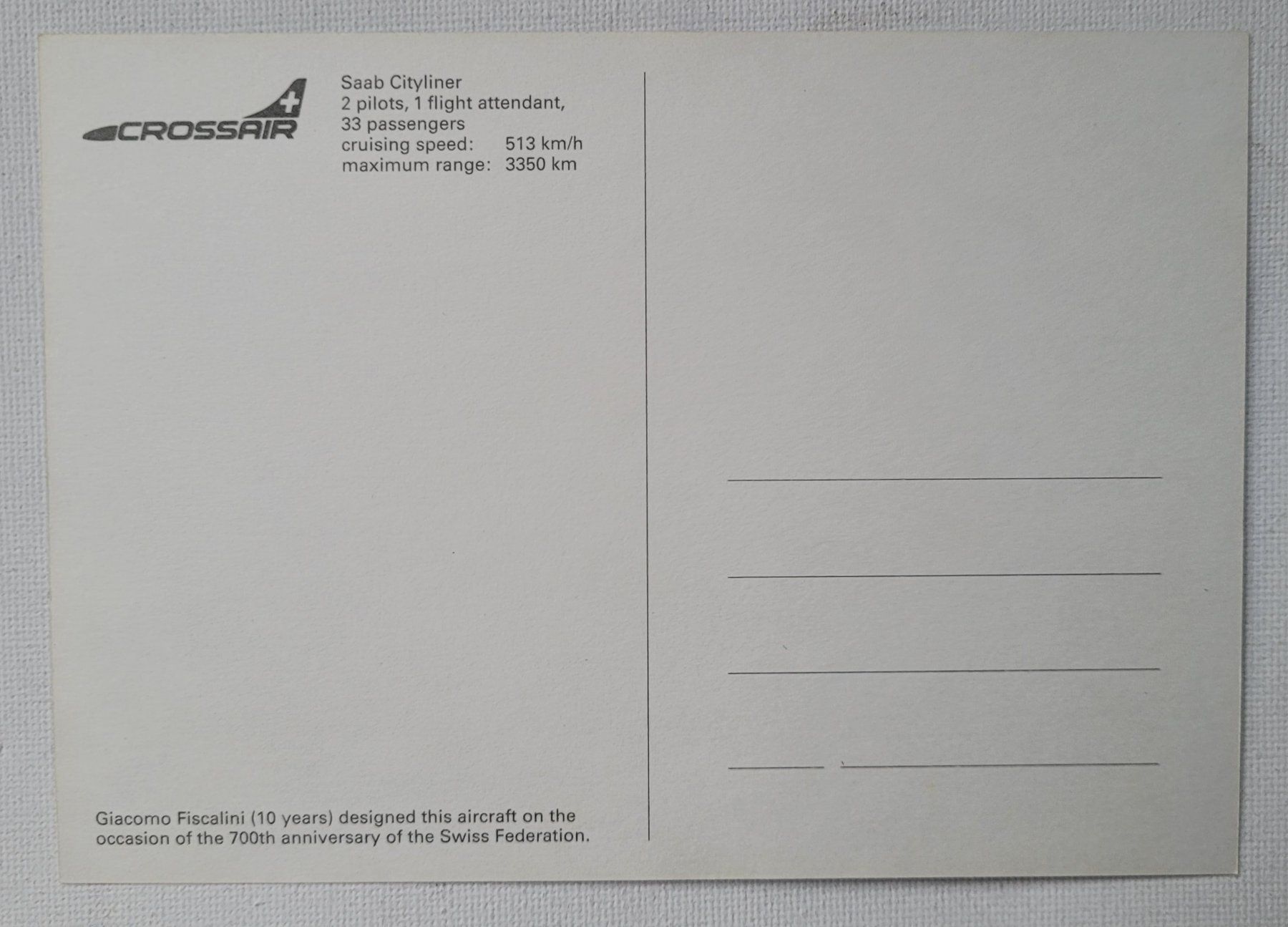 Cartoline postali: CROSSAIR – SAAB CITYLINER – Nuovo (secondo la descrizione) da Neftenbach venduto da Mador6 1