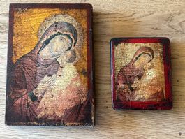 Zwei religiöse Ikonen Holz Madonnenbild gebraucht