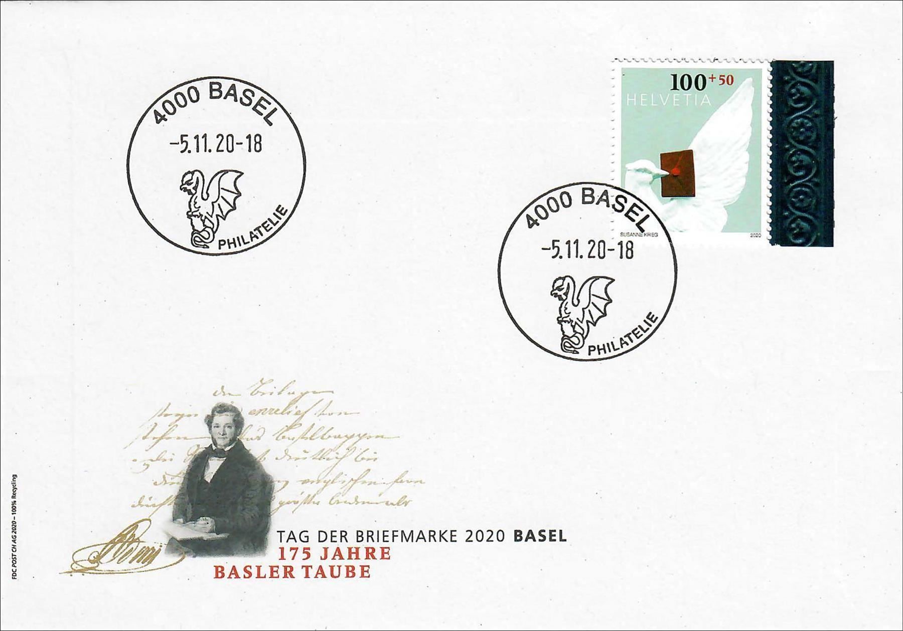Tutti i francobolli: 175 Jahre Basler Taube - Einzelmarke FDC – Usato da Heerbrugg venduto da Swissphila