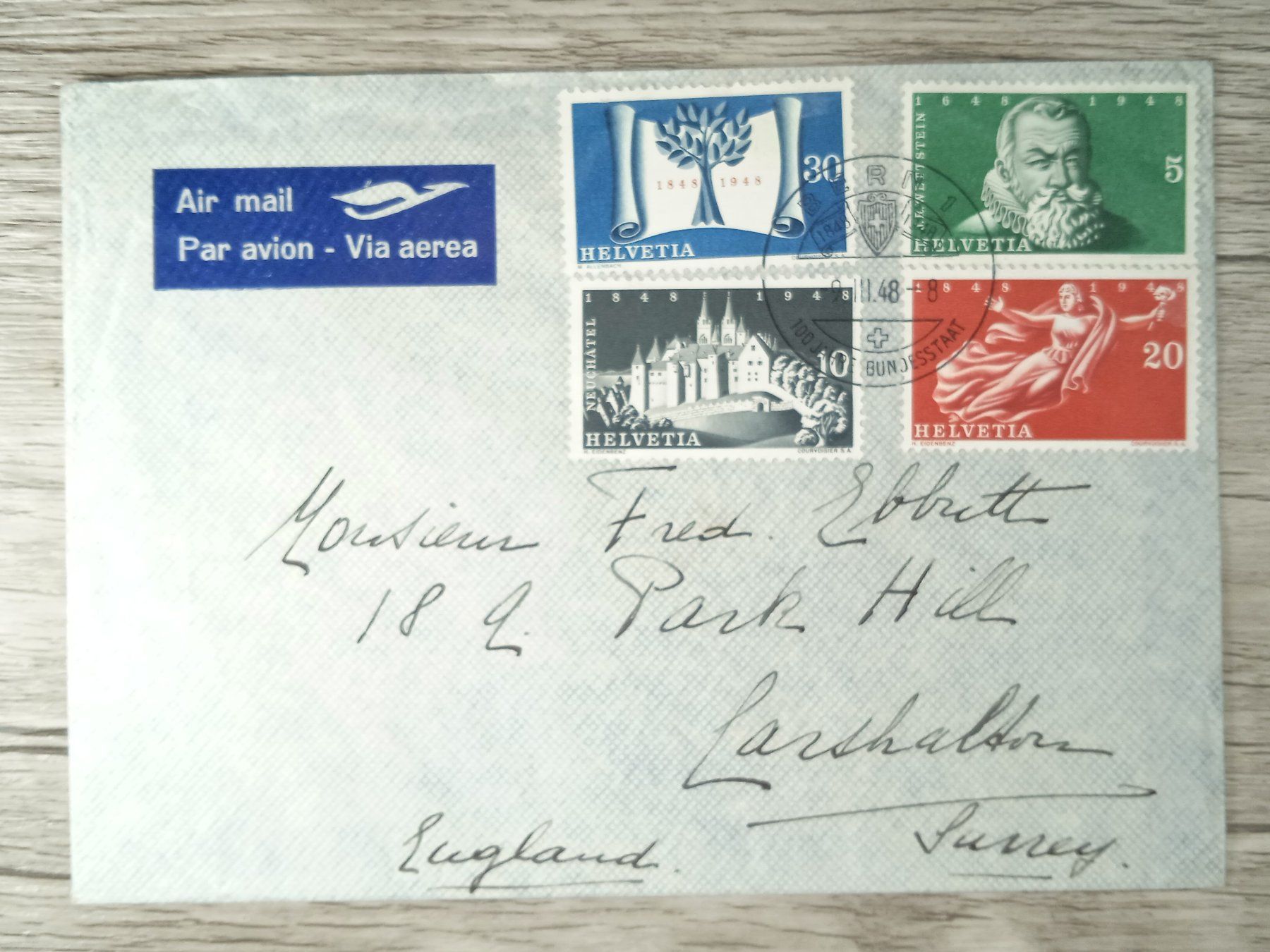 Tutti i francobolli: TR104 Enveloppe + Timbre Suisse 1948 – Usato da Cousset venduto da Patrick_Collections