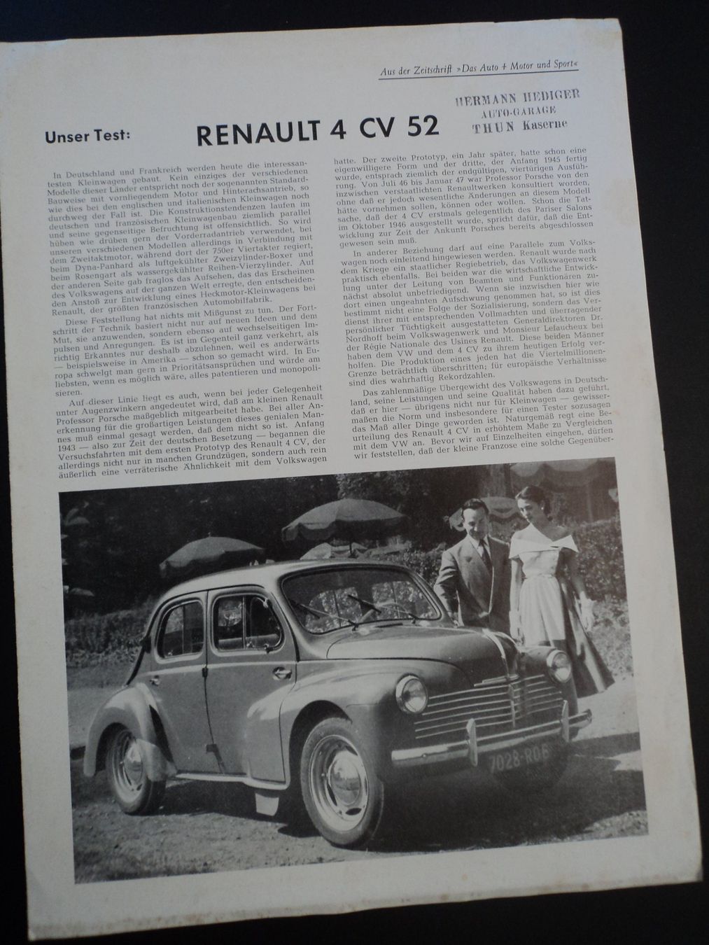 Renault Documenti: Prospekt Testbericht Renault 4CV 1952 – Usato da Schwarzenburg venduto da modelCARama