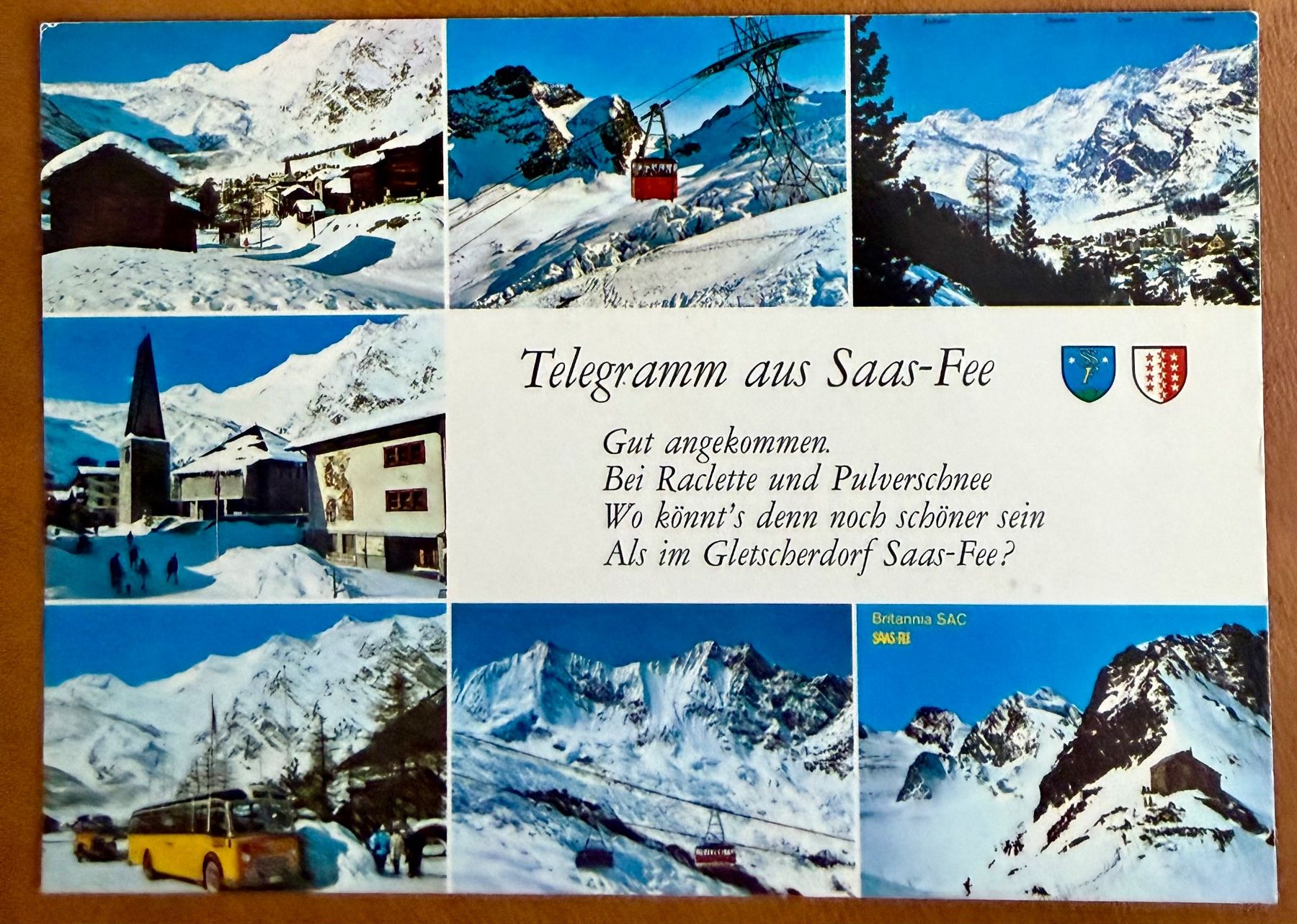 Cartoline postali: Saas - Fée - Car Postal - télécabine - Multi-vue – Usato da Lutry venduto da Ediego