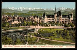AK Bern, Stadtansicht mit Brücke, Historisches Museum, Alpen