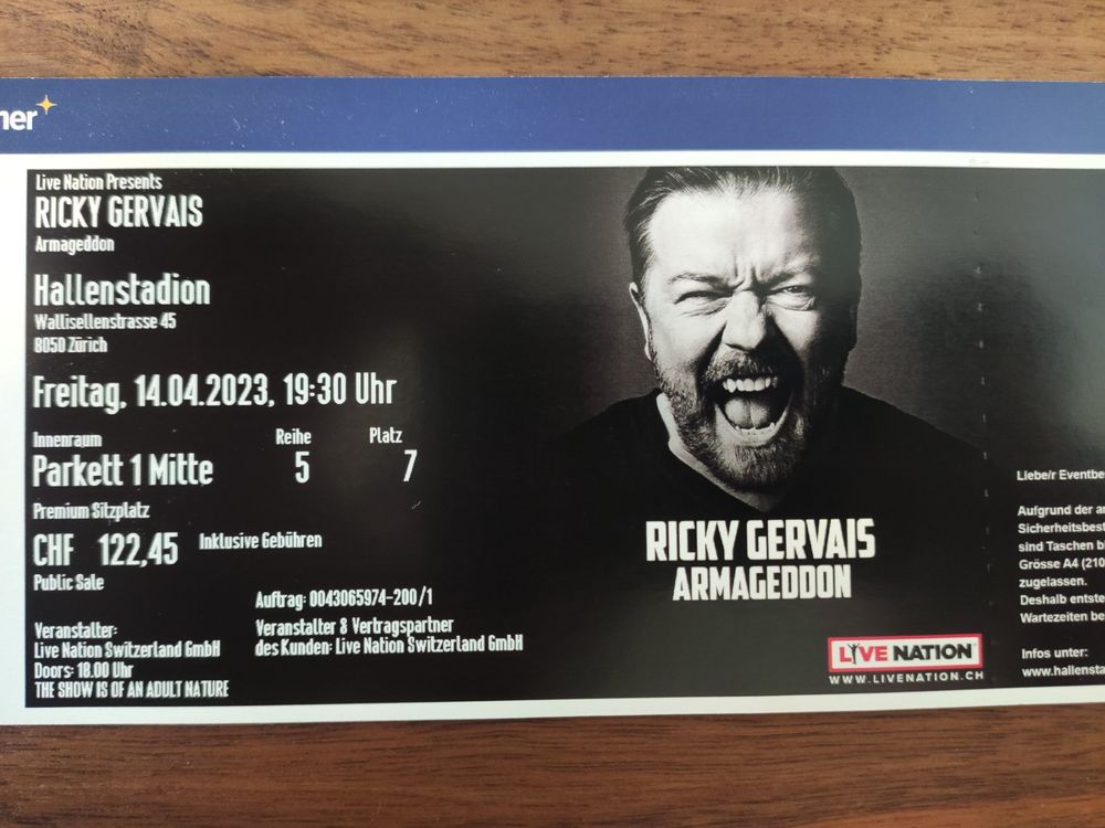 Ricky Gervais - ARMAGEDDON, 1 Ticket, Zürich 14.04.2023 | Kaufen auf