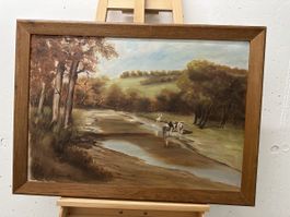 Gemälde Natur Landschaft Fluss Kühe