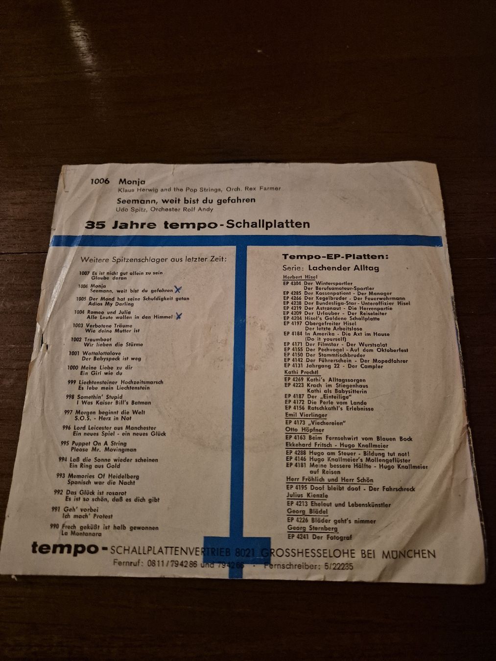 Schallplatten: Monja, Seemann, weit bist du gefahren - Original Single! – Gebraucht aus Grandval von JeroenK 1