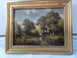 Waldlandschaft mit Personen auf Oel Holz um 1850 signiert