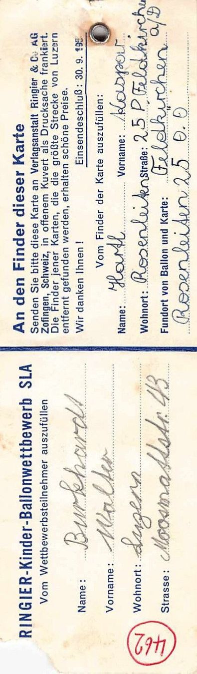 Alle Briefmarken: RINGIER Ballonflug LUZERN 1954 FELDKIRCHEN Werbung RINGGI – Gebraucht aus Winterthur von SchatzchischtliWinti 1