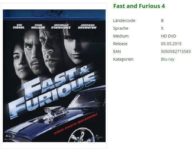 Tutti i DVDs: Fast and Furious 4 (Bluray) – Usato da Buchrain venduto da Sssschaller 1