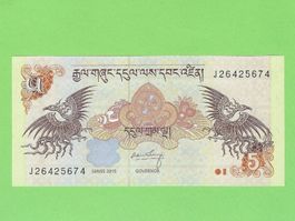 Bhutan 5 Ngultrum Banknote, Serie 2015, Selten!