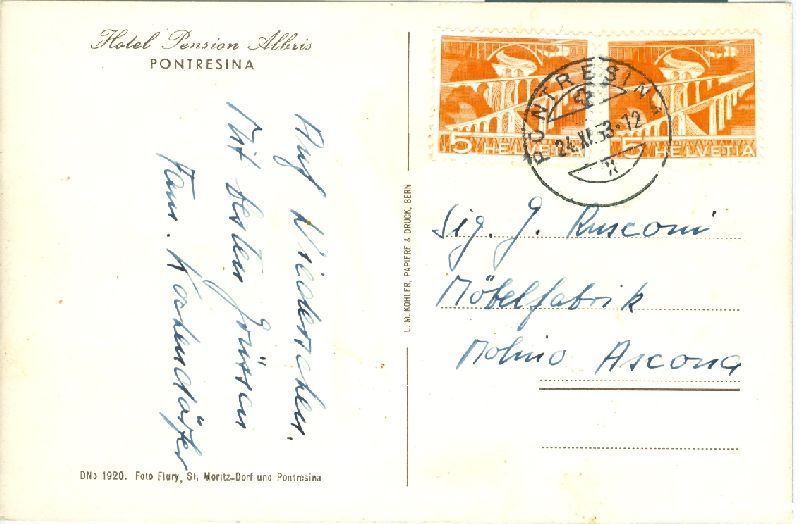 Ansichtskarten: Pontresina - Hotel Albris + 1953 – Gebraucht aus Emmenbrücke von teestube 1
