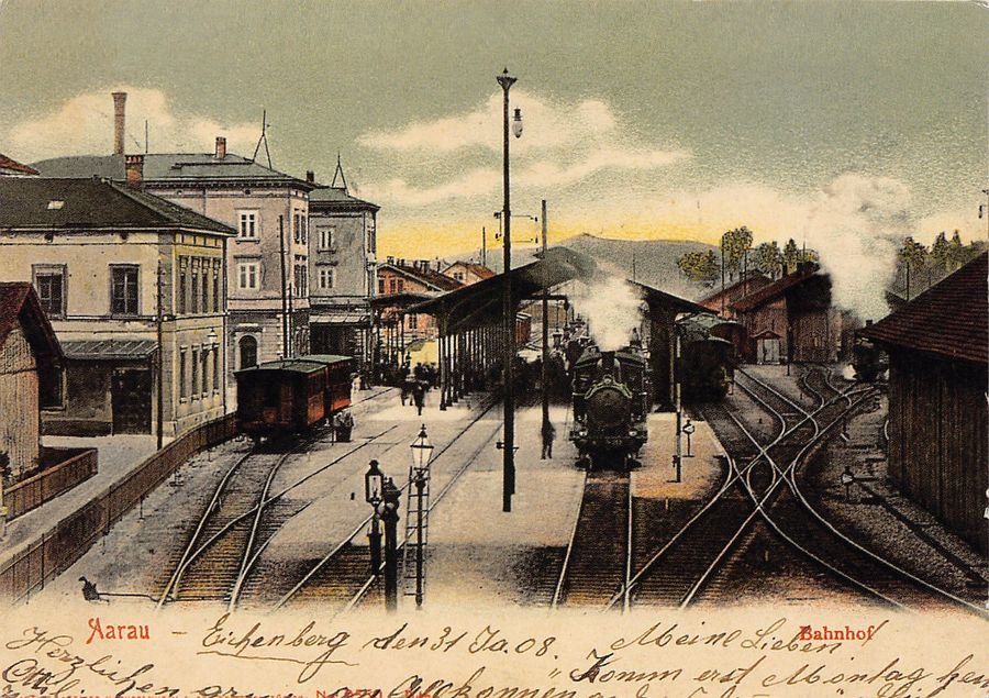 Cartoline postali: Aarau, Bahnhof 1908, REPRO einer Guggenheim-AK gelaufen 1993 – Usato da Frauenfeld venduto da POML