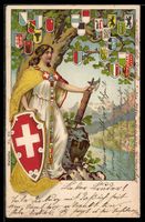 Lithographie Schweiz, die Helvetia unter einem Baum am See, 