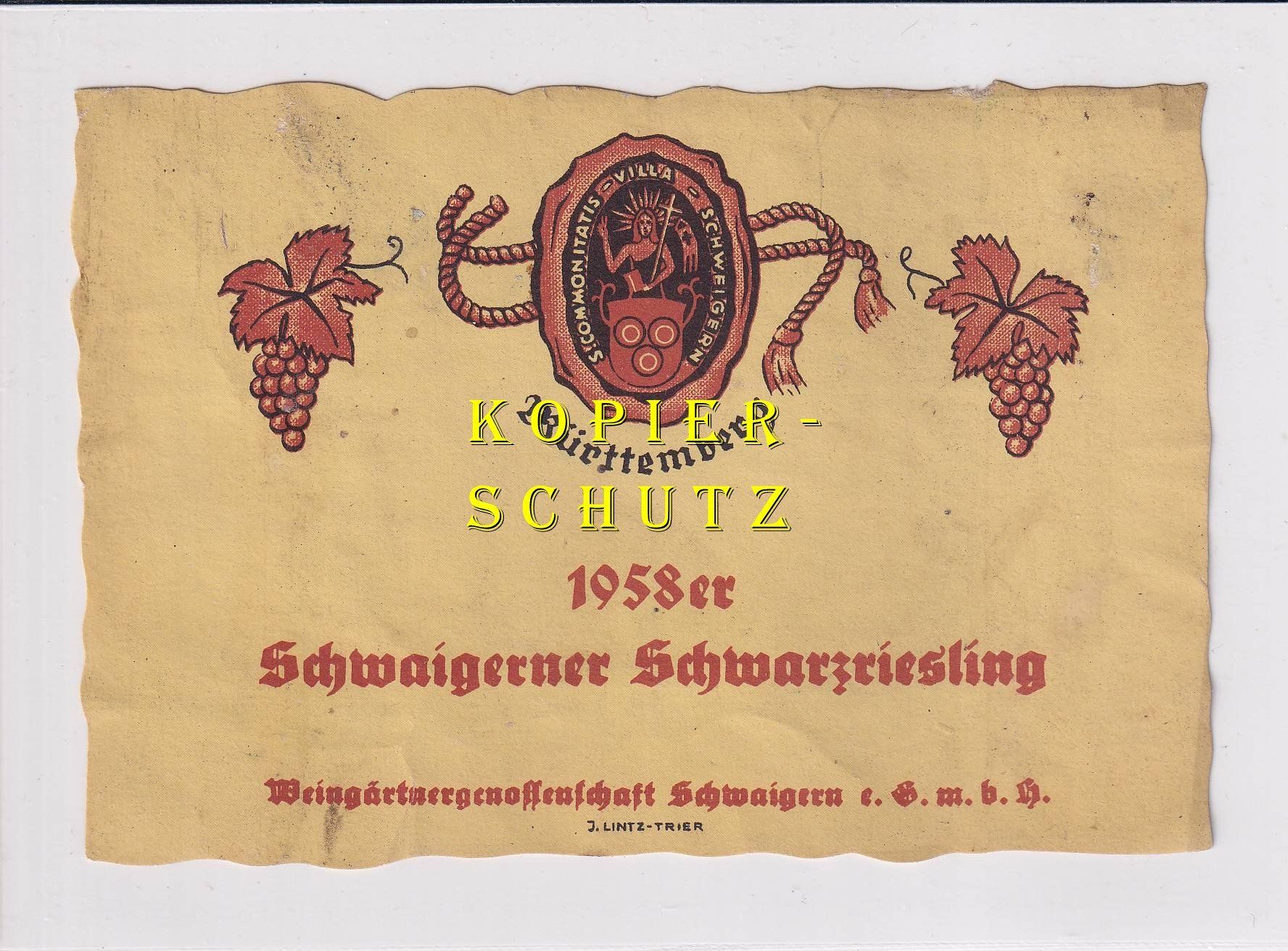 Papiere: Etikette - Schwaigerner Schwarzriesling 1958 /bd – Gebraucht aus Hombrechtikon von Rudolf07