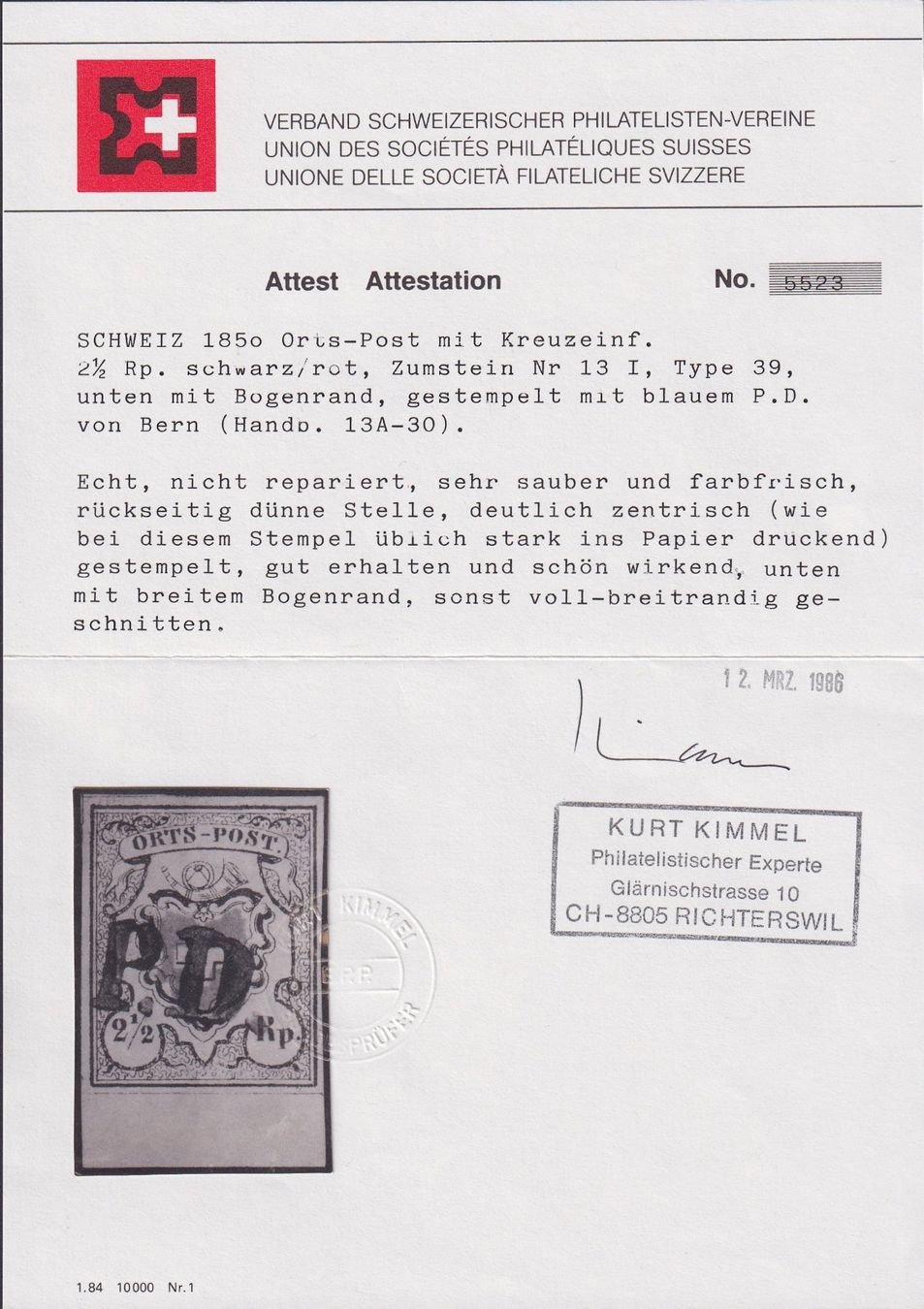 Alle Briefmarken: 13I ORTS-POST T.39 mit KE, mit breitem Bogenrand! P.D. BERN – Gebraucht aus Ebikon von SilvioFreund 2