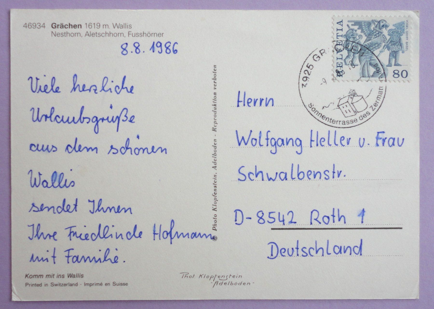 Cartoline postali: Grächen 1619 m, Wallis – Usato da Fétigny venduto da Billy2miny 1