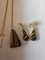 Tigerauge Schmuckset Kette mit Anhänger + Ohrclips Edelstein