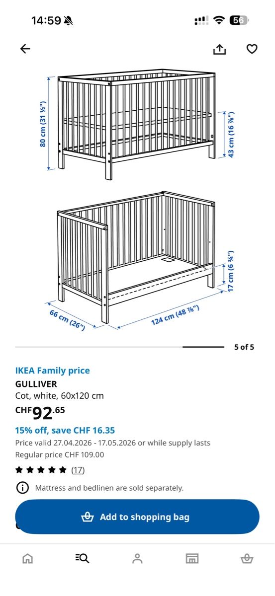 Ikea Letti: IKEA Babybett Gulliver 60cm x 120cm inkl. Matraze – Usato da Zug venduto da hel_nx69 4