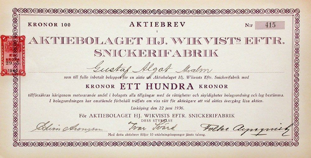 Dokumente: AB HJ. Wikvist's Eftr. Snickerifabrik, Linköping - 1936 – Gebraucht aus Solothurn von Sgasche