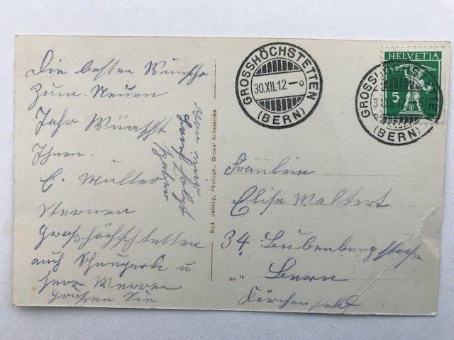 Ansichtskarten: Grosshöchstetten, von 1912 – Gebraucht aus Niederscherli von Lucia16 1