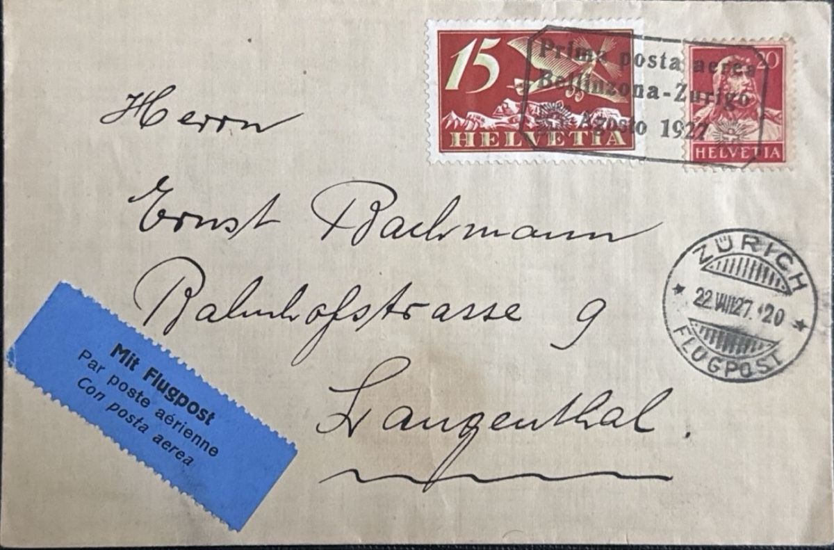 Tutti i francobolli: Schweiz Mit Flugpost Brief 1927 alt – Usato da birsfelden venduto da tim0444