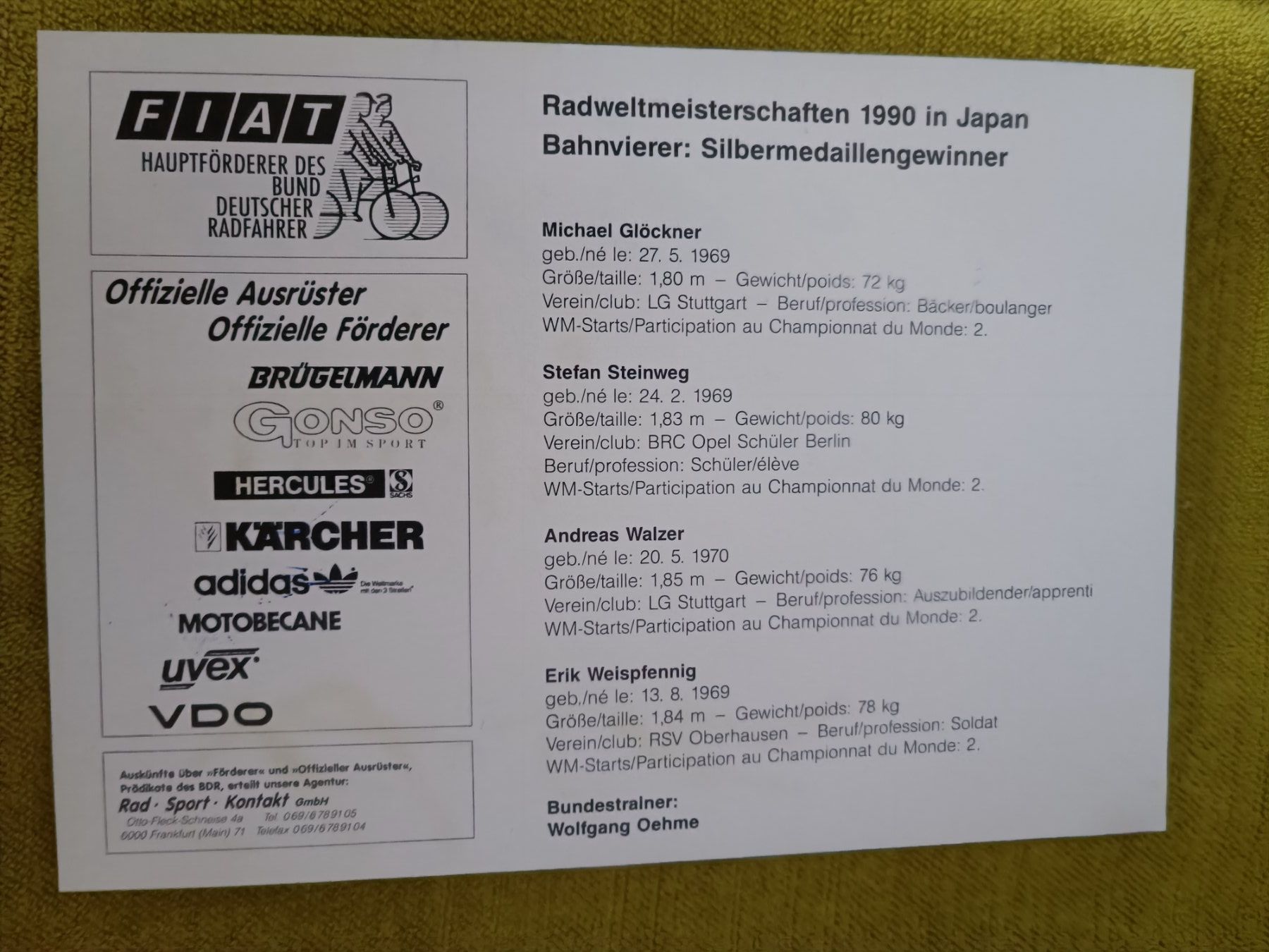Autografi: Bahnvierer DE - WM Silber 1990 - Handsigniert – Usato da Menziken venduto da Artographs 1