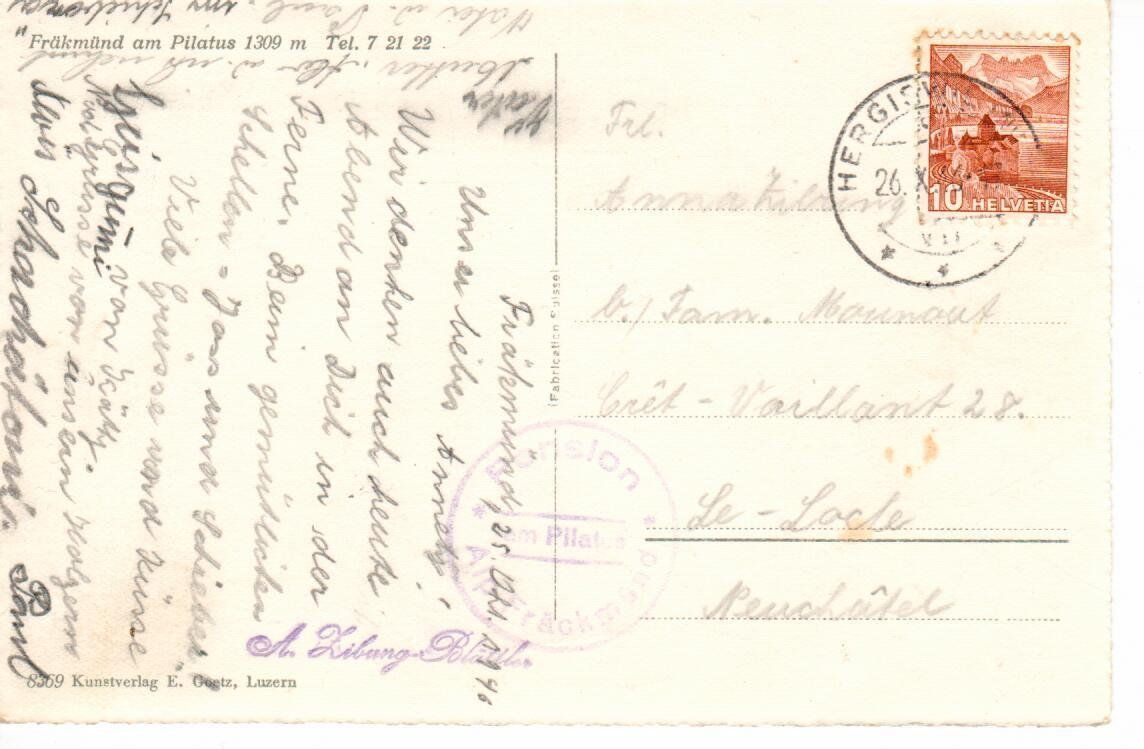 Ansichtskarten: Fräkmünd am Pilatus  1946 – Gebraucht aus Wolhusen von Curver9 1