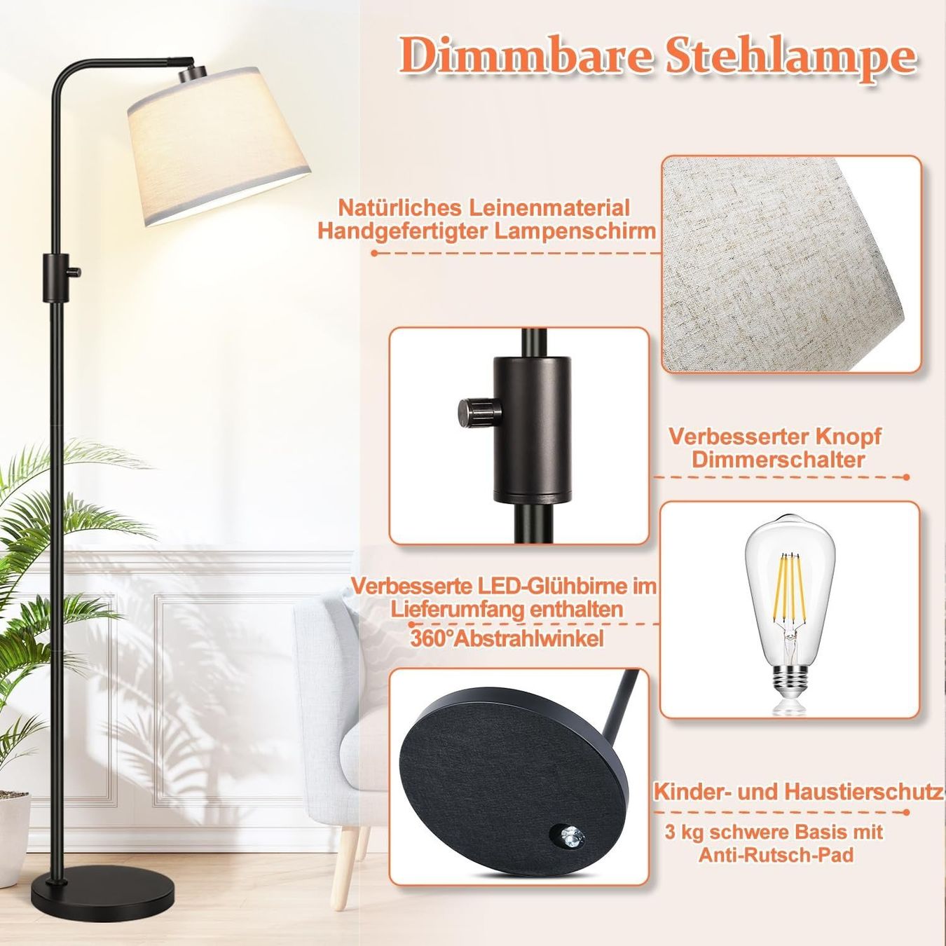 Lampen: Stehlampe dimmbar Wohnzimmer LED Bogenlampe 165 cm E27 Stoff – Neu und originalverpackt aus Genève von Anna-38 3