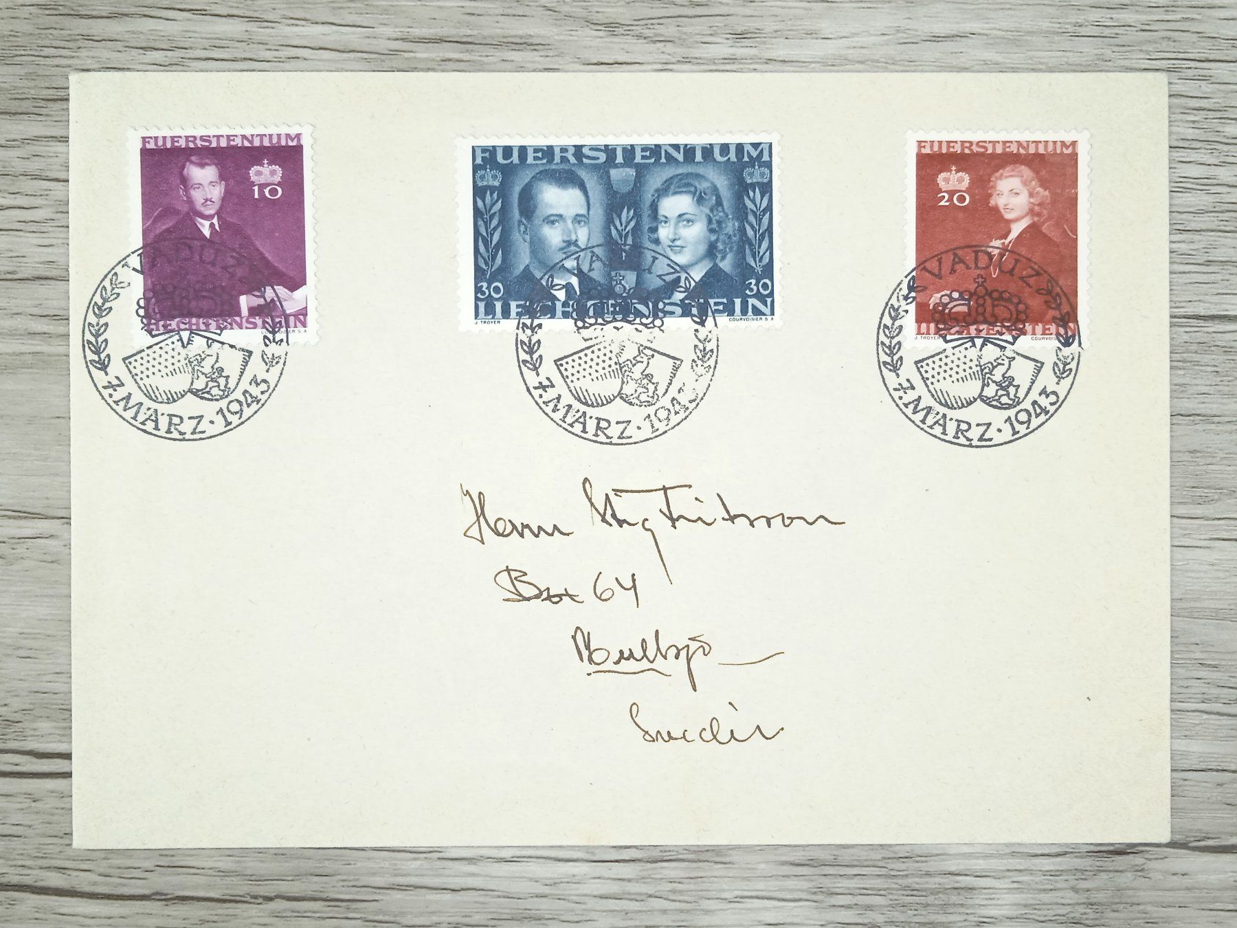 Alle Briefmarken: TR78 Enveloppe + Timbre Liechtenstein 1943 – Gebraucht aus Cousset von Patrick_Collections