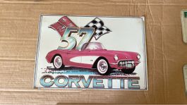 Plaque métal Corvette 57 rose checked flag