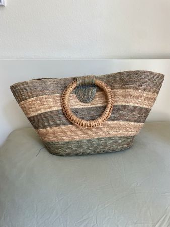 Sommerliche Strand-Tasche, grün/beige gestreift, handgemacht