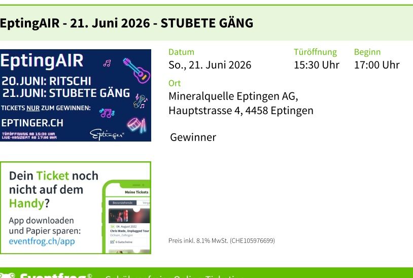Biglietti: Stubete Gäng Konzert am 21.06.2026 – Nuovo e nell'imballaggio originale da Zürich venduto da Lochita
