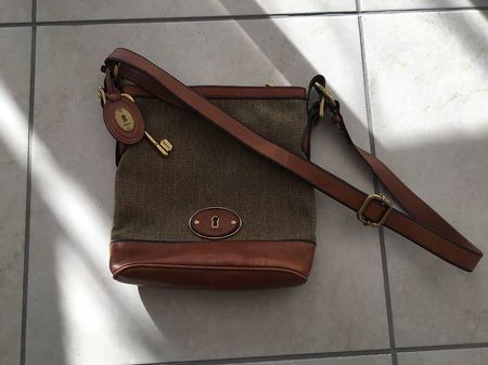 Sac bandoulière Fossil, cuir et toile, vintage
