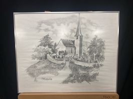 Tuschzeichnung „Kirche von Masein“ – 60 × 49 cm
