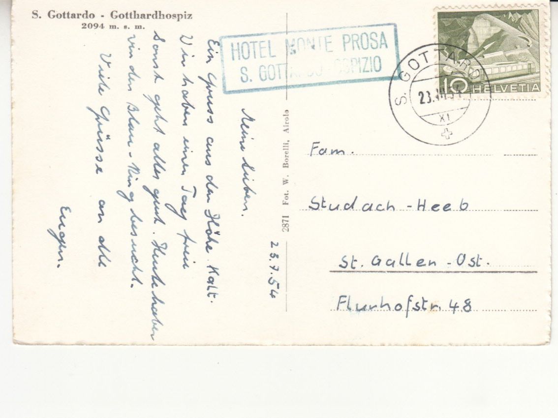 Cartoline postali: Gotthard Hospiz 1954 – Usato da Bürglen TG venduto da StampGraf 1