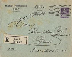 R-Brief 1917, Ganzsache Städt. Polizeidirektion Bern