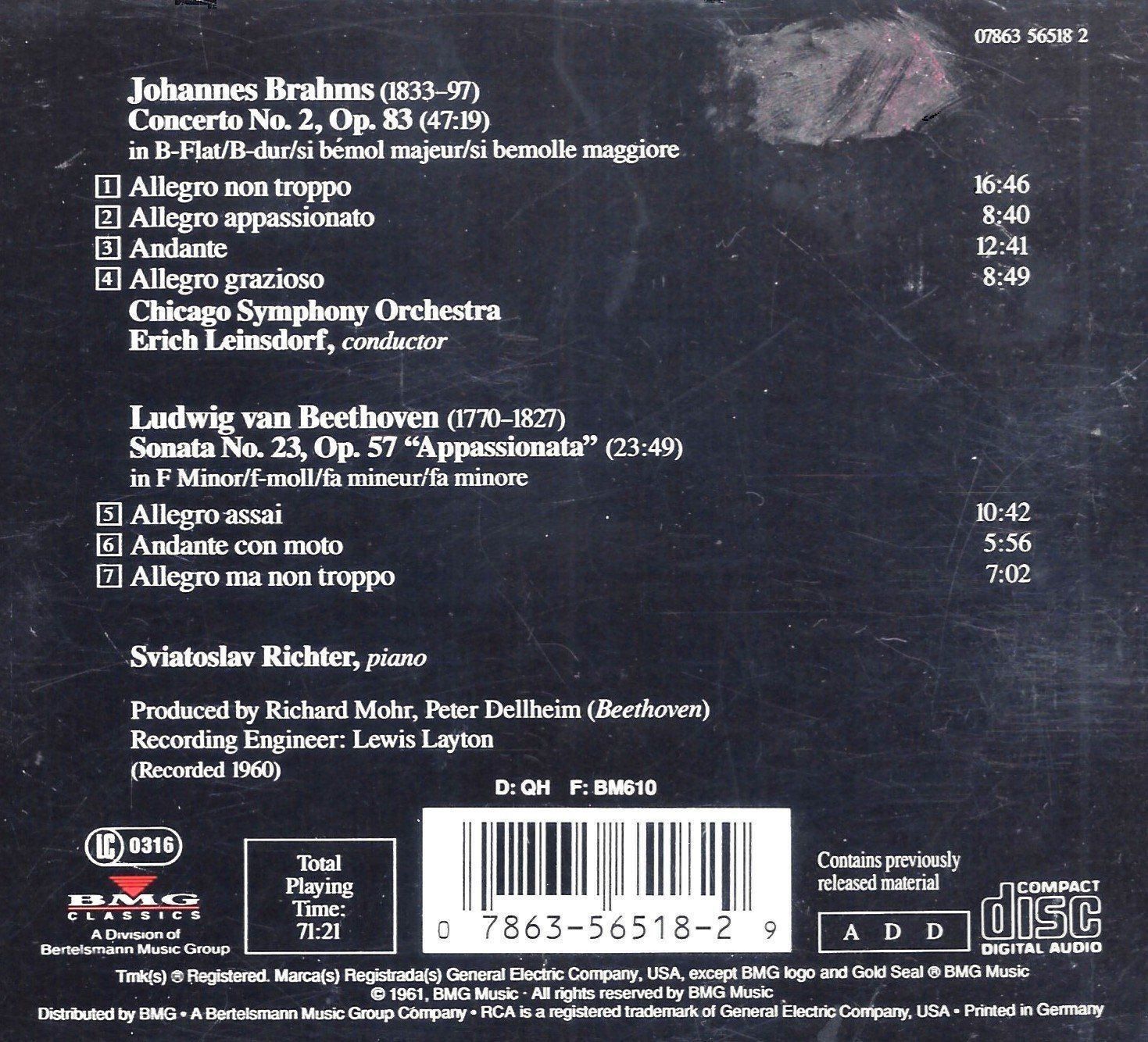 CDs: Sviatoslav Richter BRAHMS BEETHOVEN Chicago Symphony Orch CD – Gebraucht aus Kandergrund von Sososo 1