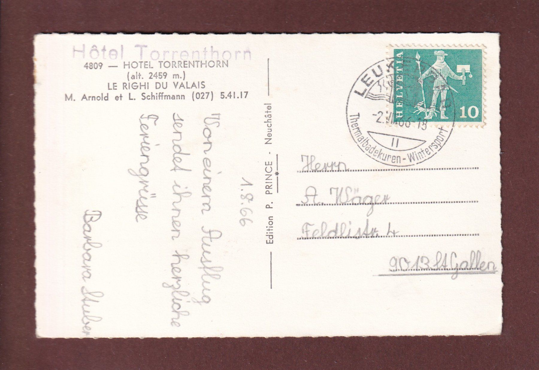 Ansichtskarten: Hôtel TORRENTHORN - 1966 – Gebraucht aus Pully von nicecards 1