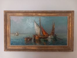 Ölgemälde, signiert, Fischerboote am Meer, Top Zustand! 97cm