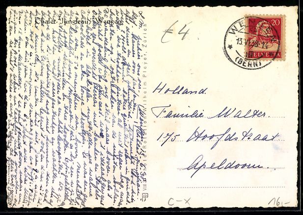 Cartoline postali: AK Wengen, Chalet Jungfrau, 1938 – Usato da Berlin venduto da bartko-reher 1