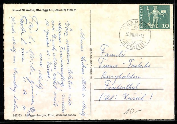 Cartoline postali: St. Anton bei Oberegg, Blick in den Ort – Usato da Berlin venduto da bartko-reher 1