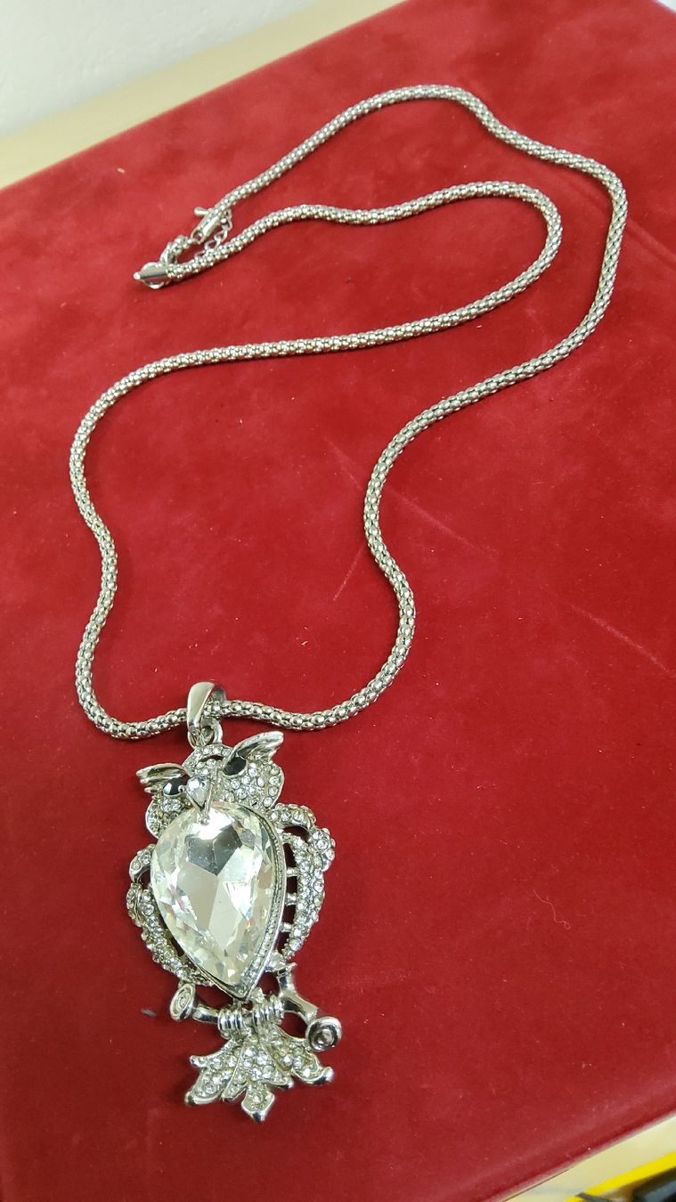 Catenine: Silberfarbene Eule Halskette mit grossem Strass Stein. – Usato da Herisau venduto da Nluanalucas