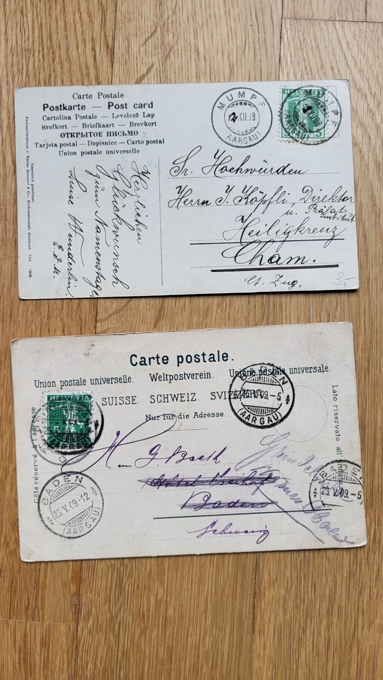 Ansichtskarten: 2 Karten Aargau Stempel Mumpf und Baden1908/1909 – Gebraucht aus Bäriswil BE von mimi.86
