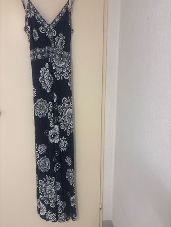 Maxikleid Blumenmuster Dunkelblau Weiss Grösse L