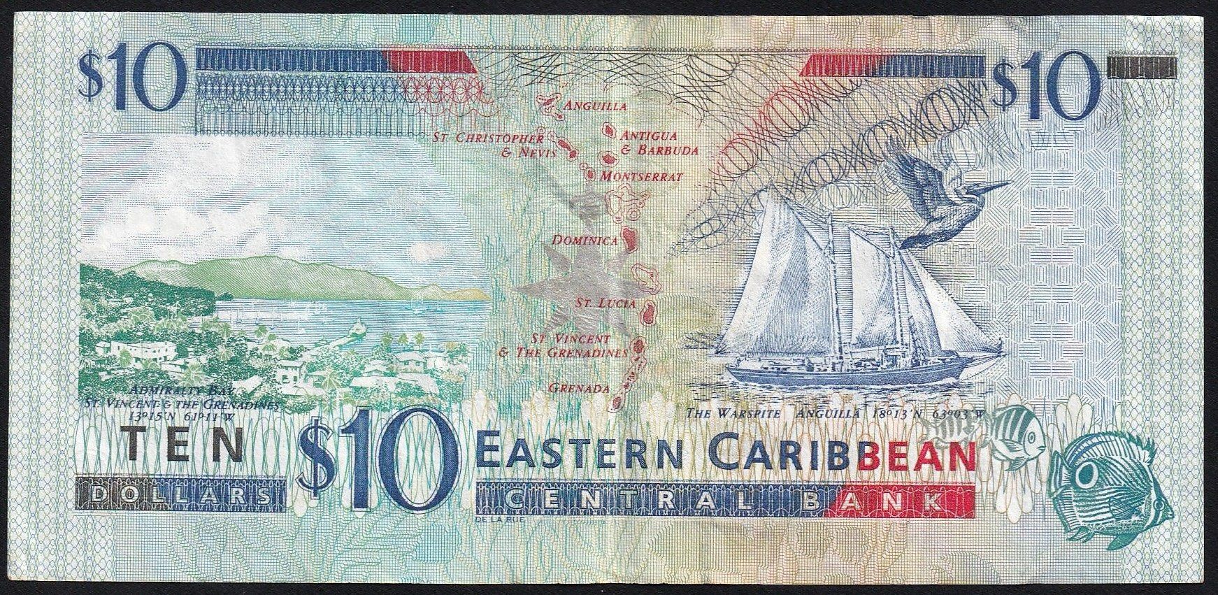 Banconote: Antigua Eastern Caribbean Staates 10 Dollars 2000 – Usato da Brugg AG venduto da banknoten_muesli 1
